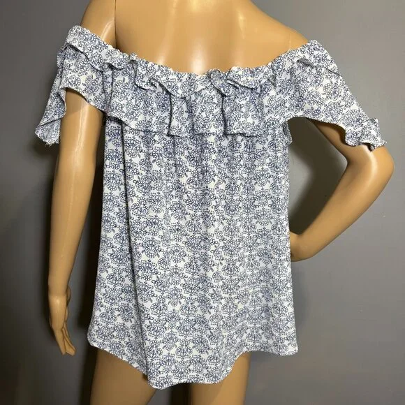 Blue & White Off-Shoulder Ruffle Top - Picture 5 of 6